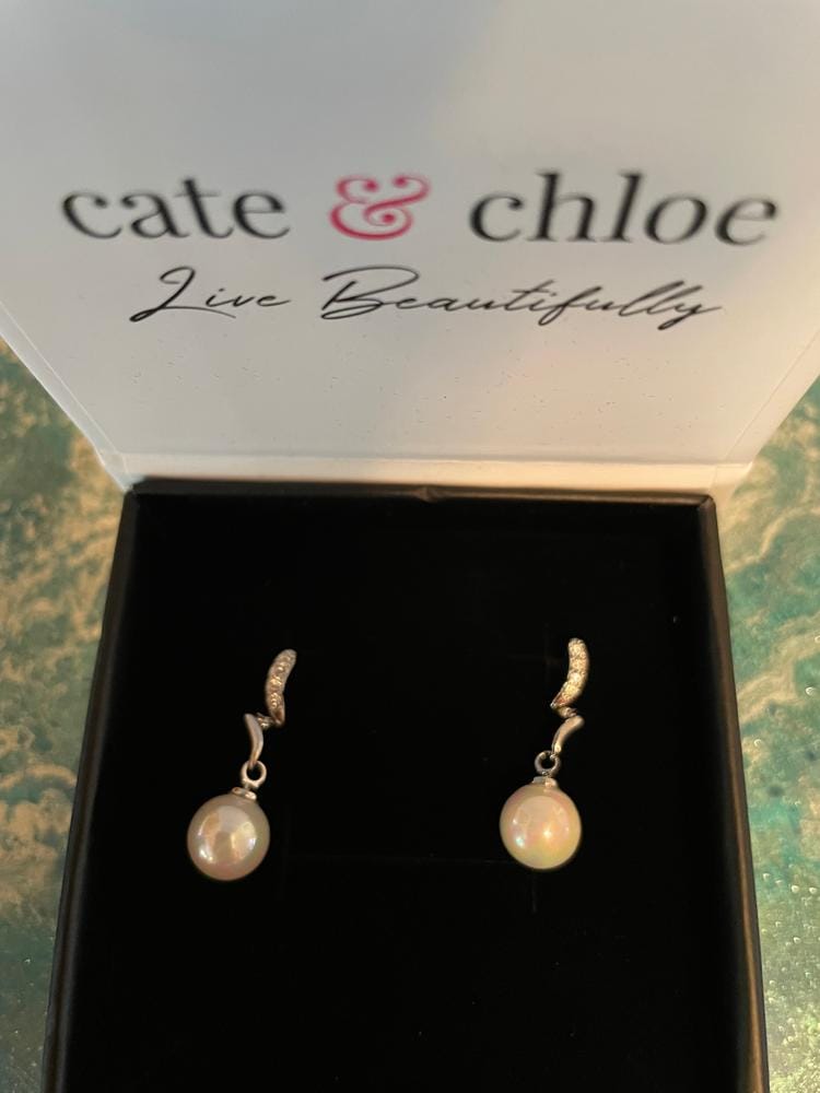 Customer photo review of Ophelia 18k White Gold Plated Dangle Pearl Earrings with Swarovski Crystals