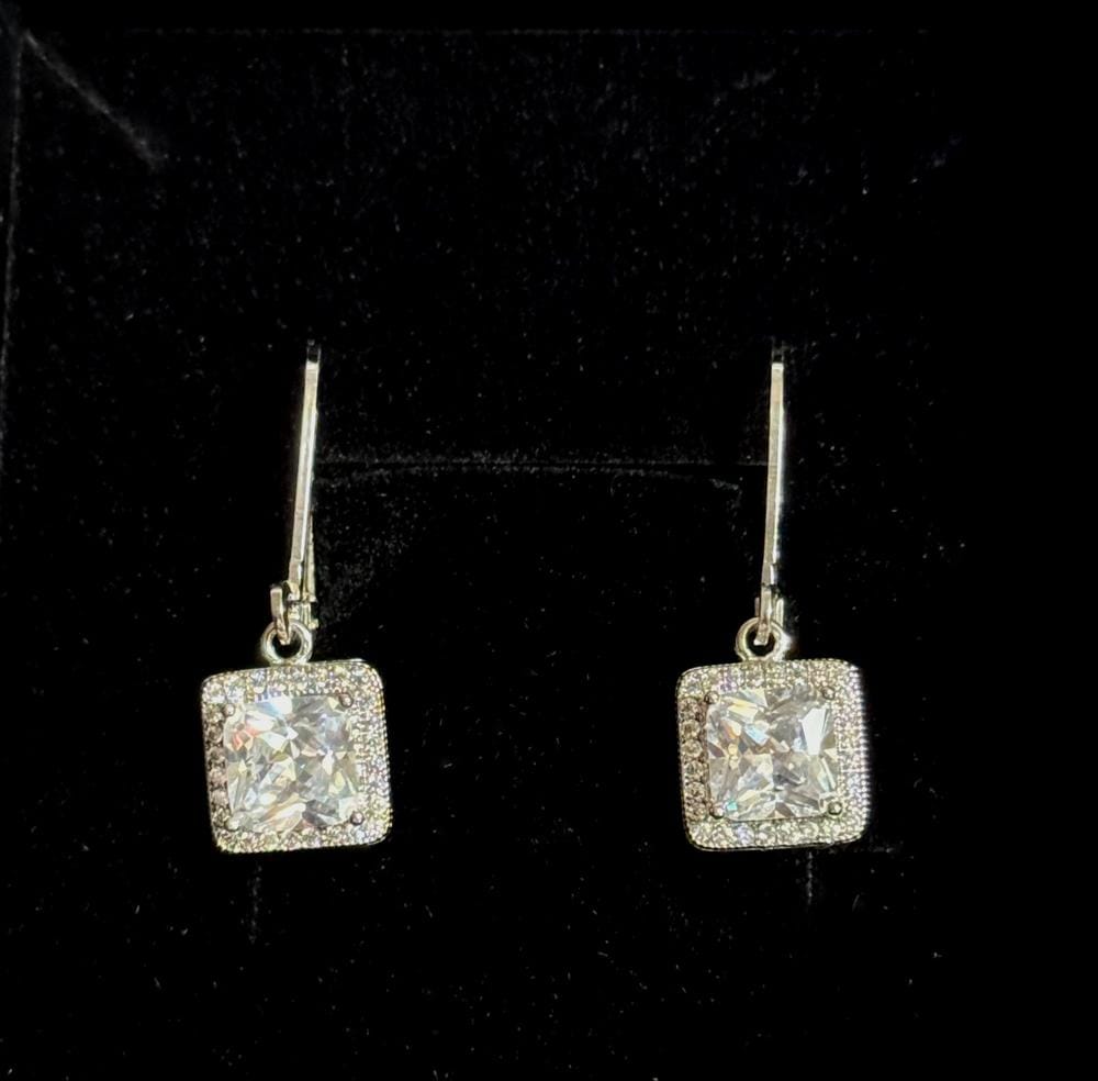 Customer photo review of Maeve 18k White Gold Plated Drop Dangle Halo Earrings with Simulated Diamond Crystals