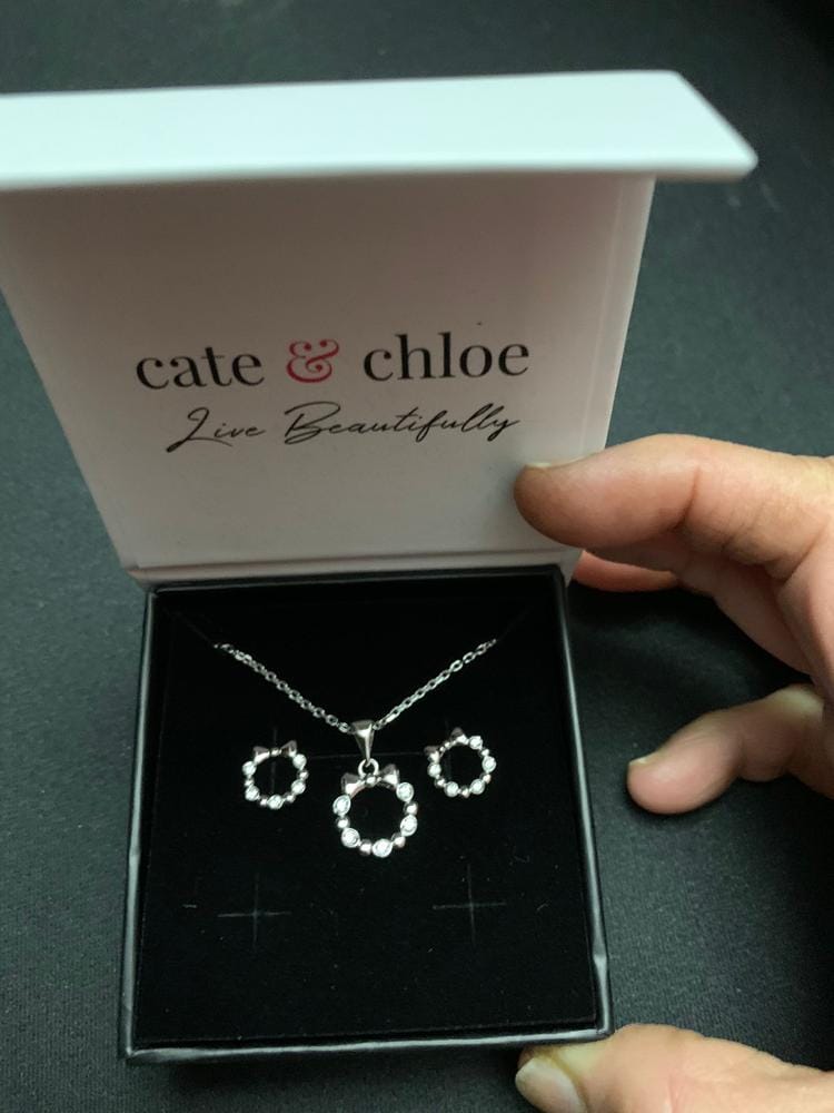 Customer photo review of Edith 18k White Gold Plated Silver Ribbon Necklace and Earring Set with Swarovski Crystals