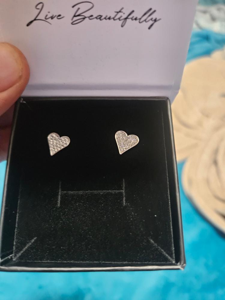 Customer photo review of Cecilia 18k White Gold Plated Silver Heart Stud Earrings with Swarovski Crystals