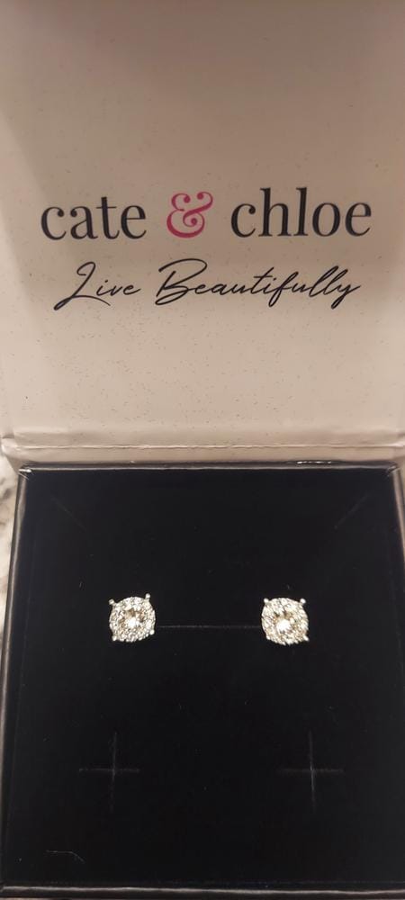 Customer photo review of Raylee 18k White Gold Plated Halo Stud Earrings with Swarovski Crystals