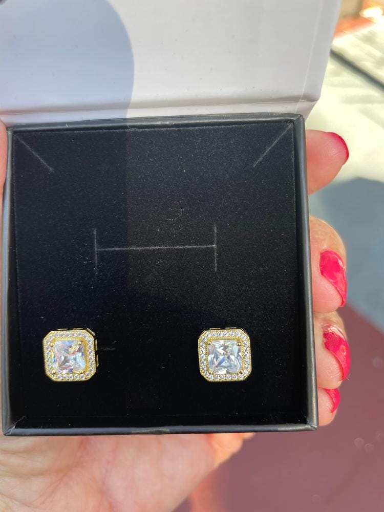 Customer photo review of Norah 18k White Gold Plated Princess Cut Halo Stud Earrings with Simulated Diamond Crystals