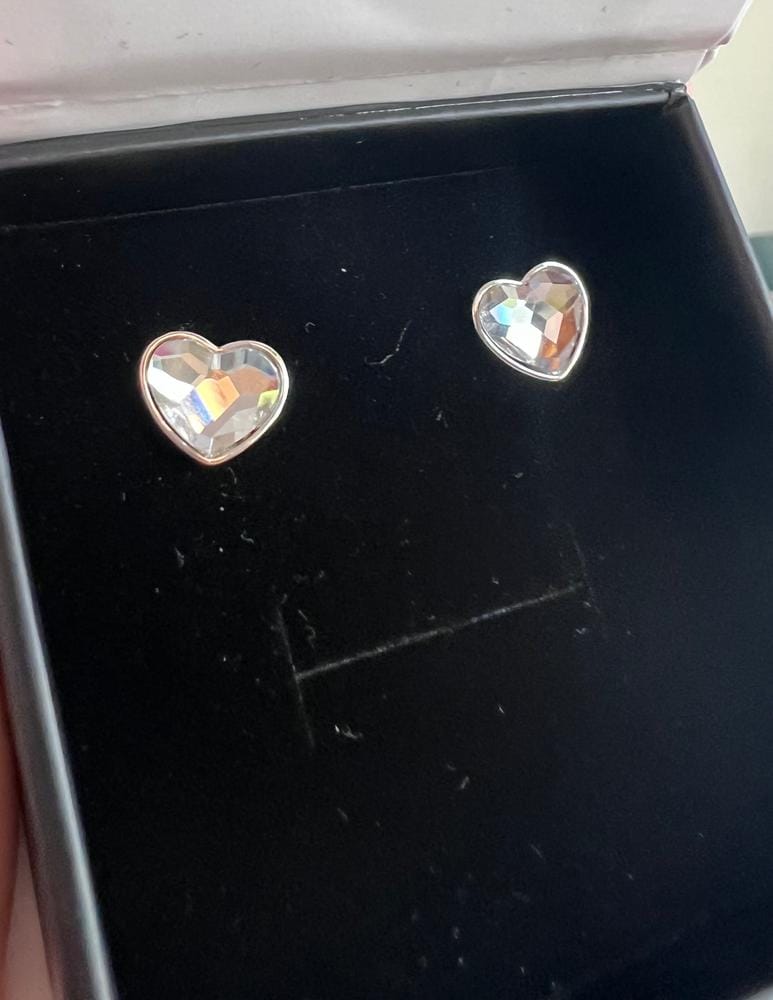 Customer photo review of Violet 18k White Gold Plated Heart Stud Earrings with Swarovski Crystals - Final Sale
