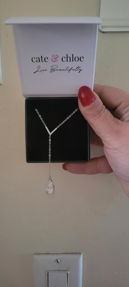 Customer photo review of Ava 18k White Gold Plated Tear drop Y-Necklace with Simulated Diamond Crystals - Final Sale