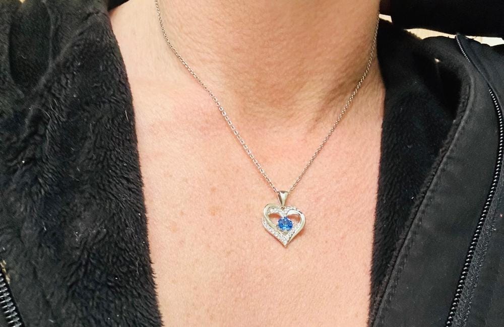 Customer photo review of Forever Birthstone 18k White Gold Plated Double Heart Necklace with Swarovski Crystals