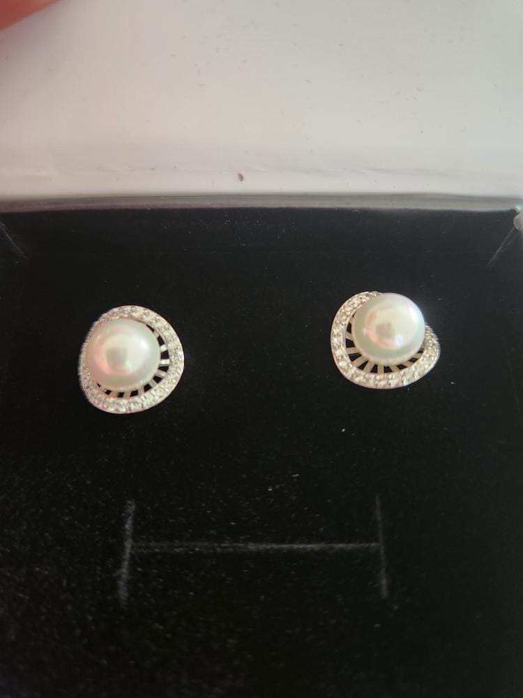 Customer photo review of Nina 18k White Gold Plated Pearl Halo Stud Earrings with Swarovski Crystals