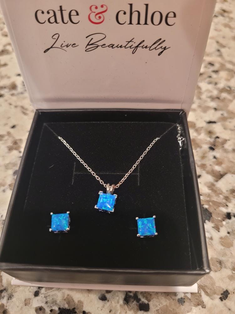 Customer photo review of Amphitrite 18k White Gold Plated Stud Earring and Necklace Set with Princess Cut Opal Stones