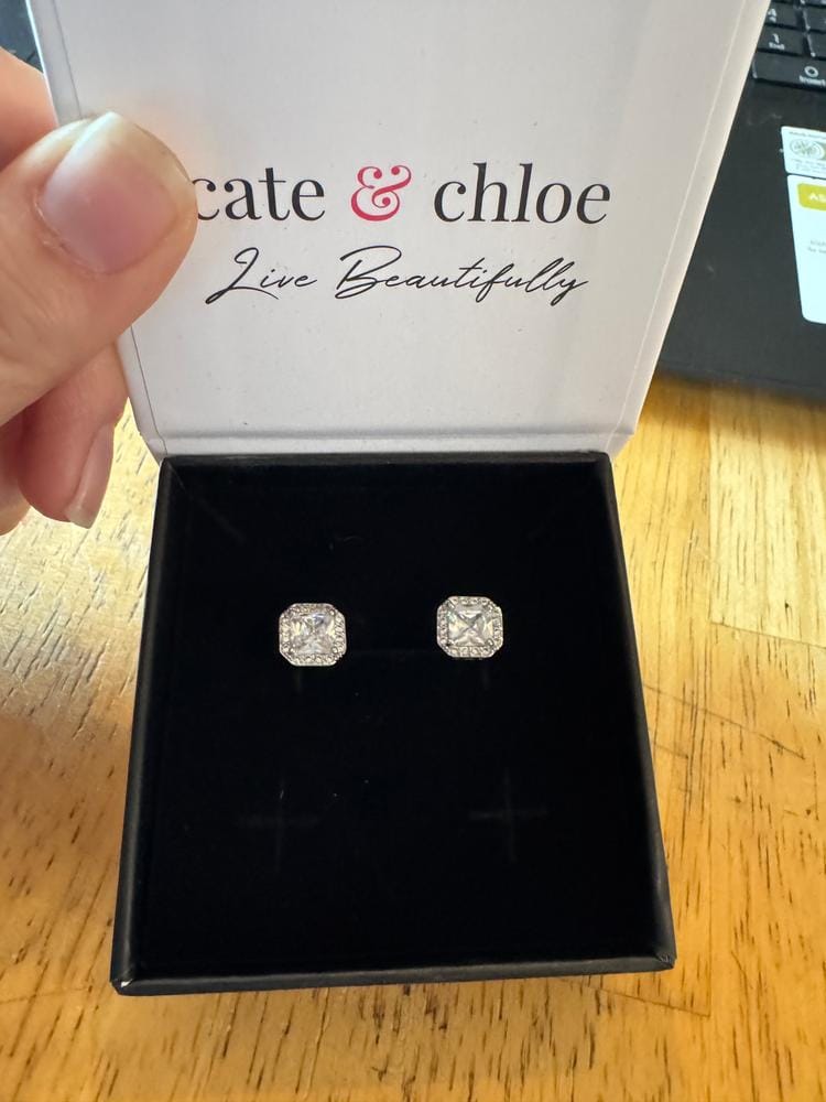 Customer photo review of Estelle 18k White Gold Plated Halo Stud Earrings with Simulated Diamond Crystals
