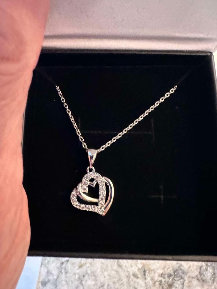 Customer photo review of Angela 18k White Gold Plated Silver Double Heart Necklace with Swarovski Crystals