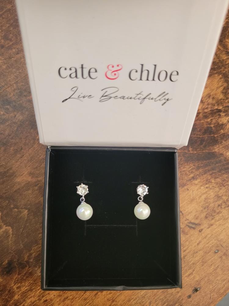 Customer photo review of Kyra 18k White Gold Plated Pearl Drop Earrings with Swarovski Crystals