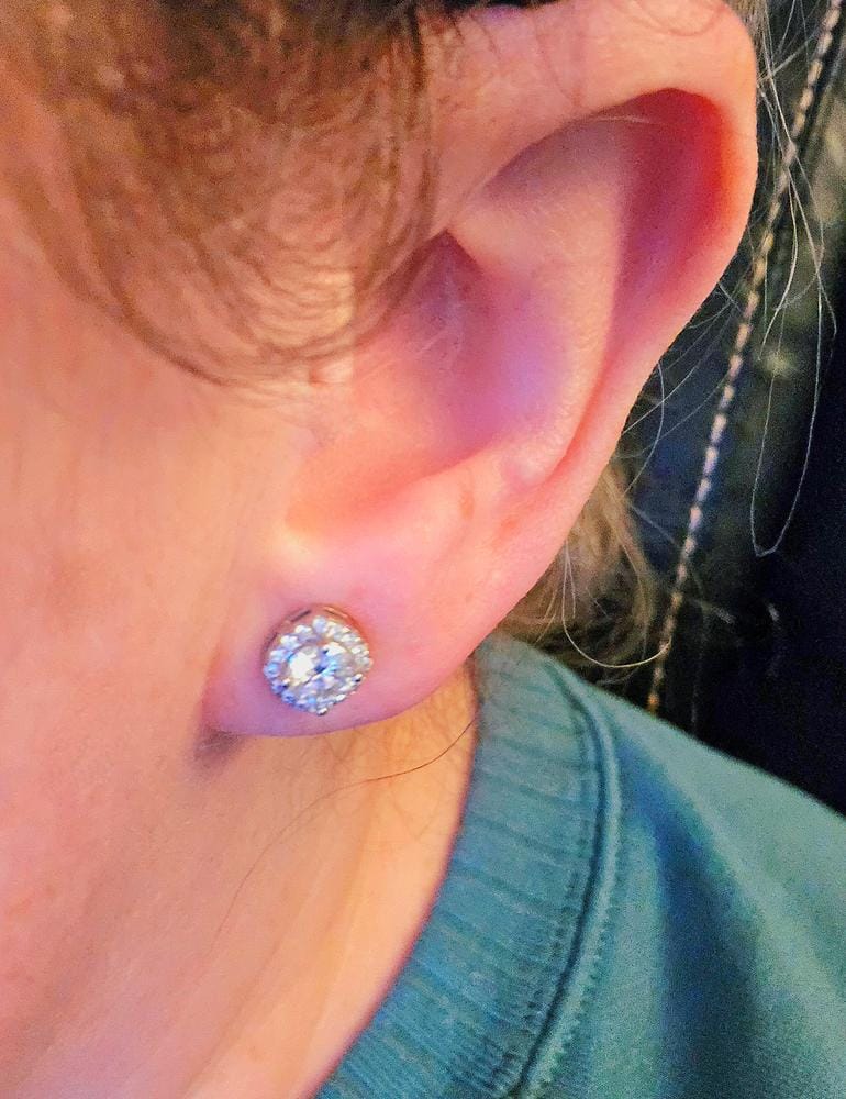 Customer photo review of Moissanite by Cate & Chloe Hannah 18k Gold Plated 925 Sterling Silver Stud Earrings 1.16tcw