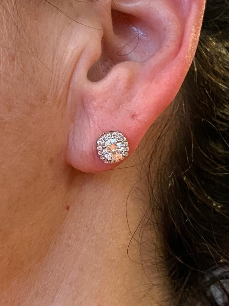 Customer photo review of Moissanite by Cate & Chloe Hannah 18k Gold Plated 925 Sterling Silver Stud Earrings 1.16tcw