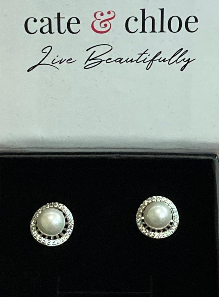 Customer photo review of Nina 18k White Gold Plated Pearl Halo Stud Earrings with Swarovski Crystals