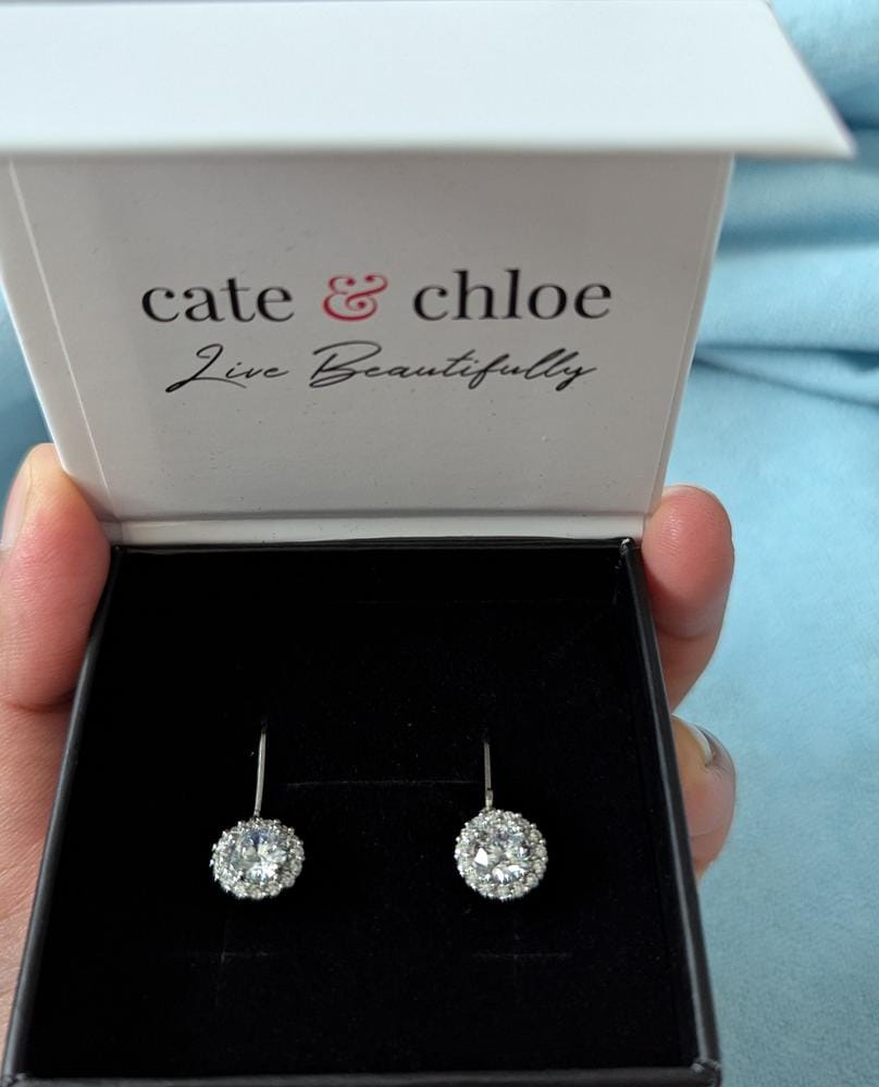 Customer photo review of Michelle 18k White Gold Plated Halo Drop Earrings with Simulated Diamond Crystals