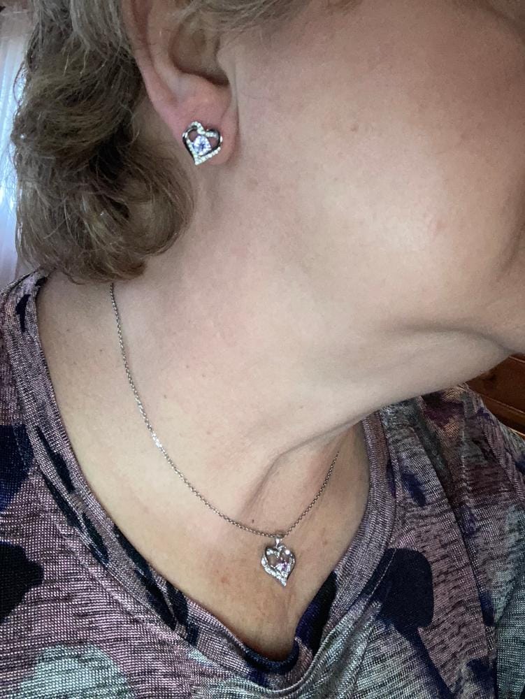 Customer photo review of Forever Birthstone 18k White Gold Plated Double Heart Necklace with Swarovski Crystals