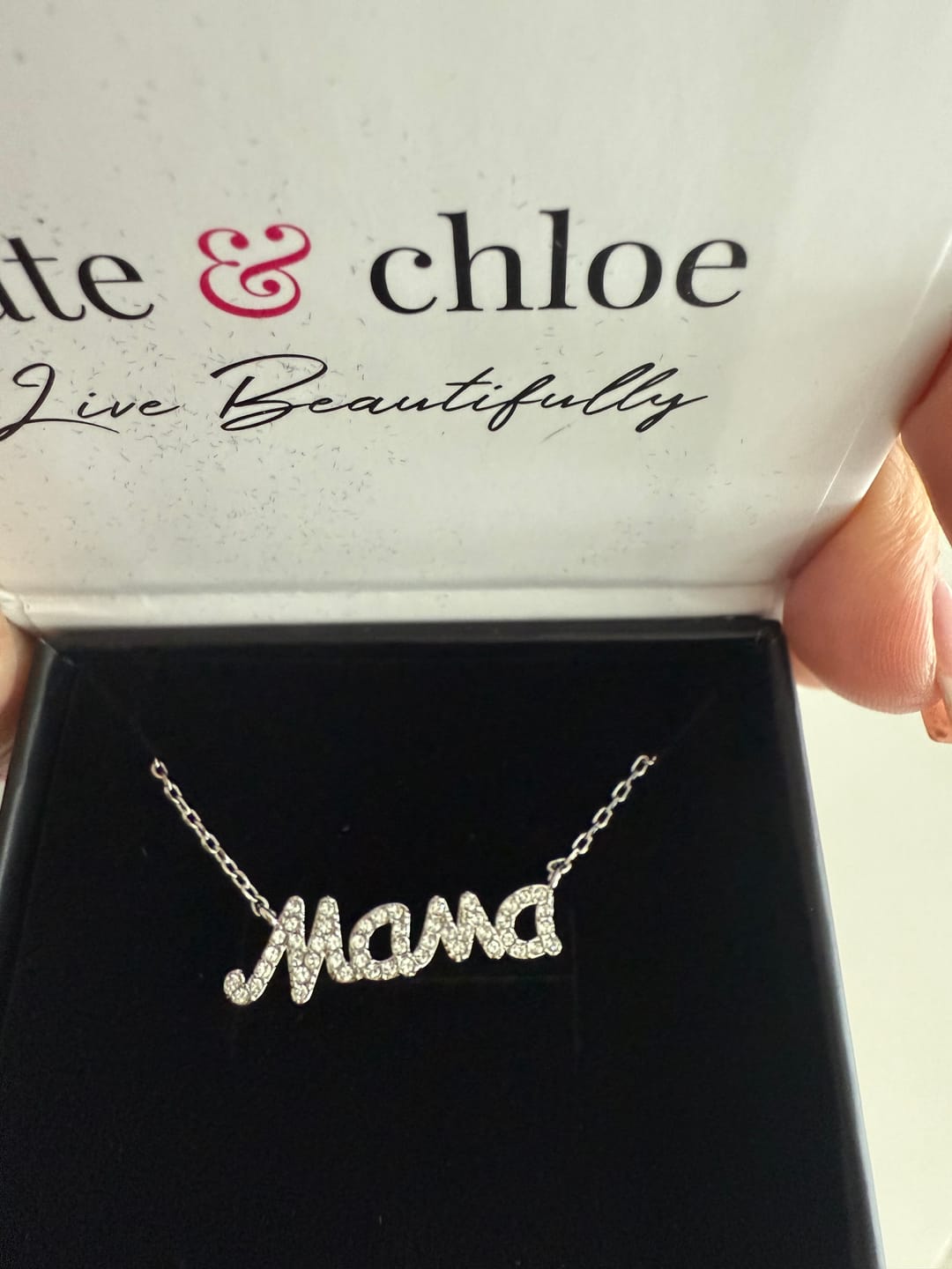 Customer photo review of Dorothy 18k White Gold Plated Mama Necklace with Swarovski Crystals