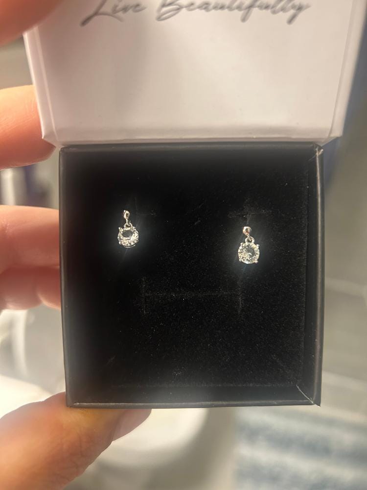 Customer photo review of Jamie 18k White Gold Plated Drop Dangle Stud Earrings with Swarovski Crystals — Final Sale