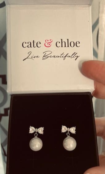 Customer photo review of Oakley 18k White Gold Plated Silver Drop Pearl Earrings with Swarovski Crystals