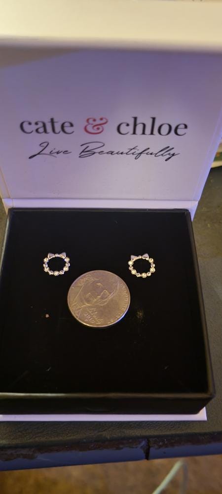 Customer photo review of Edith 18k White Gold Plated Silver Ribbon Stud Earrings with Swarovski Crystals