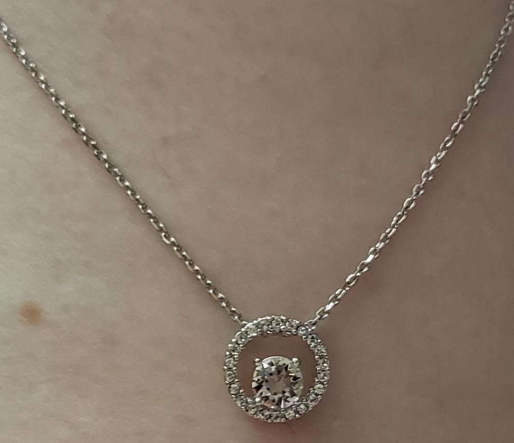 Customer photo review of Reign 18k White Gold Plated Halo Necklace with Swarovski Crystals