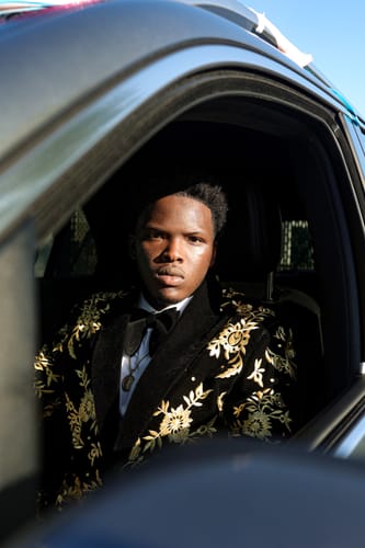 Customer photo review of Men's Luxury Gold Floral Embroidered Black Velvet Tuxedo