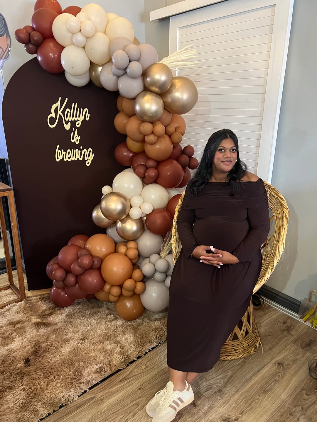 Customer photo review of Chocolate Brown Long Sleeved Off-Shoulder Drop Waist Dress