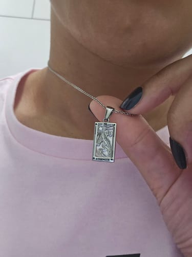 Customer photo review of Strength - Silver Tarot card Dainty Necklace