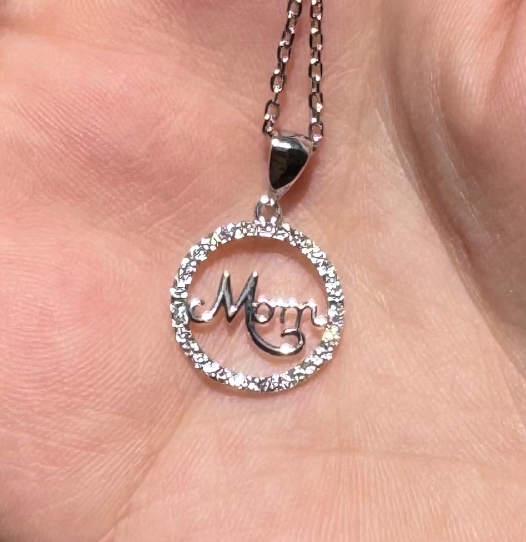 Customer photo review of Brandy 18k White Gold Plated Circle Mom Necklace with Swarovski Crystals