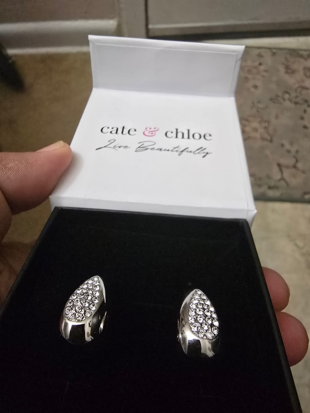 Customer photo review of Sally 18k White Gold Plated Tear drop Stud Earrings with Swarovski Crystals