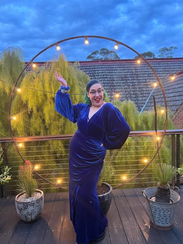 Customer photo review of Film Noir Gown and Turbanette in Blue Velvet - Vixen by Micheline Pitt