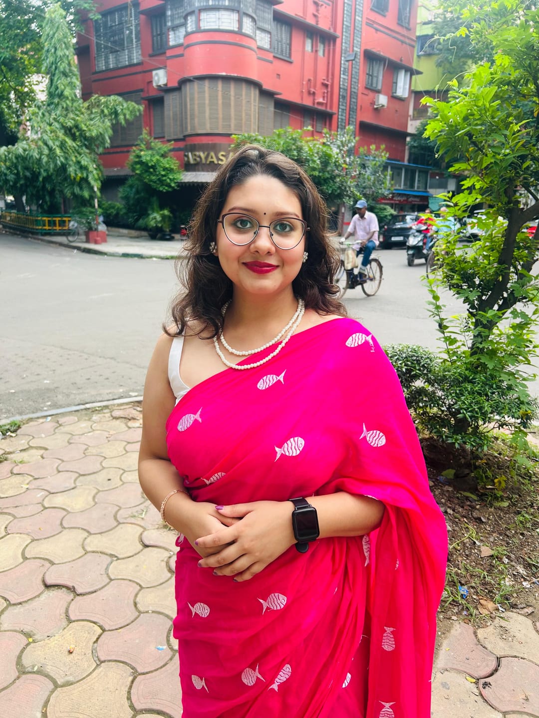 Customer photo review of Pink Fish Motifs Mulmul Cotton Saree
