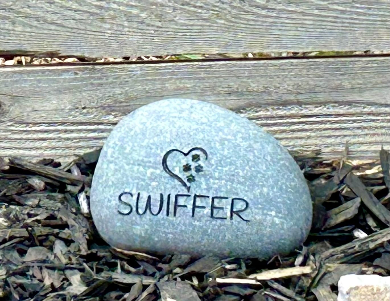 Customer photo review of Dog headstones Grave Marker Custom Engraved Pet Memorial River Rock Stone Heart Paw Print
