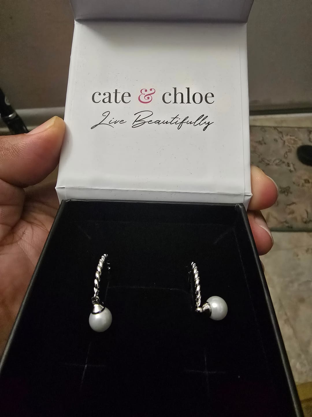 Customer photo review of Cheyanne 18k White Gold Plated 16mm Twisted Half Hoop Drop Pearl Earrings