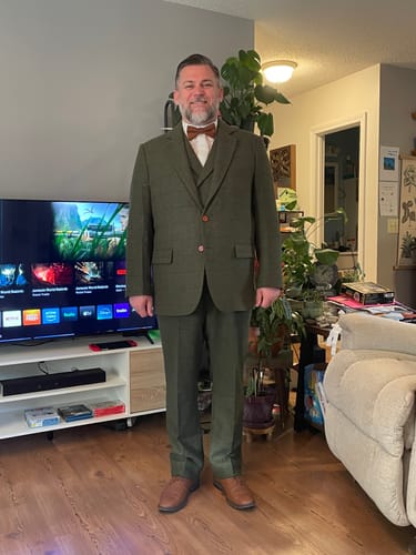 Customer photo review of Olive Green Check Tweed 3 Piece Suit