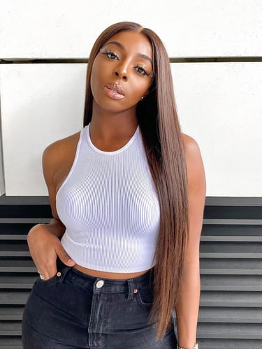 Customer photo review of Silky Straight Glueless Wig Invisible Small Knots 5x5 Swiss HD Pre-Cut Lace 180% Density