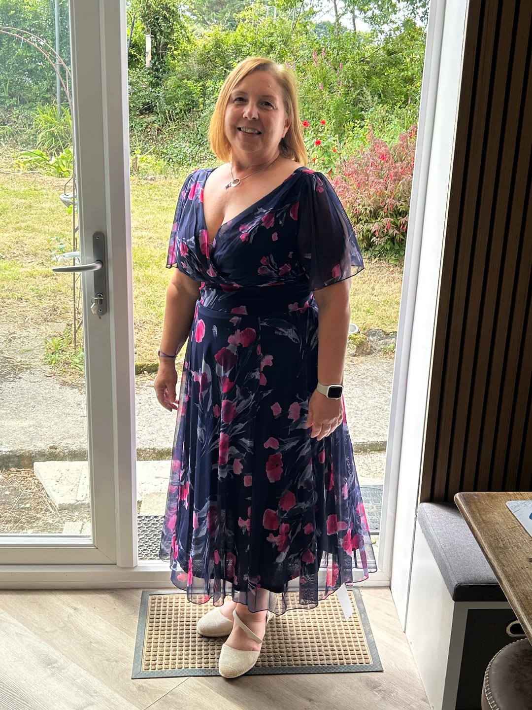 Customer photo review of Victoria Navy Pink Floral Angel Sleeve Mesh Long Midi Dress