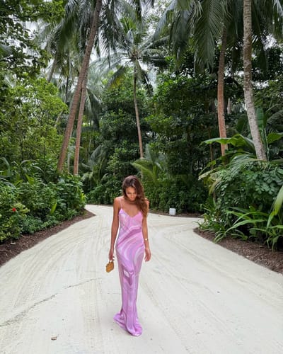 Customer photo review of Sunny Horizon Unique Print V-neck Slit Slip Maxi Dress