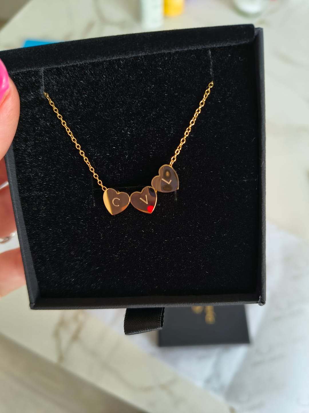 Customer photo review of Amo Heart Triple Bead Necklace in Gold