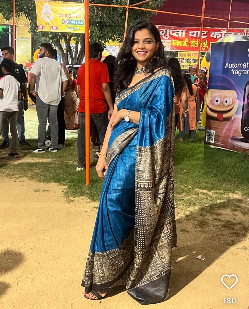 Customer photo review of Royal Blue Madhubani Printed Silk Saree