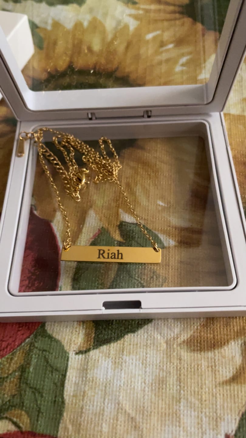 Customer photo review of Engraved Bar Necklace