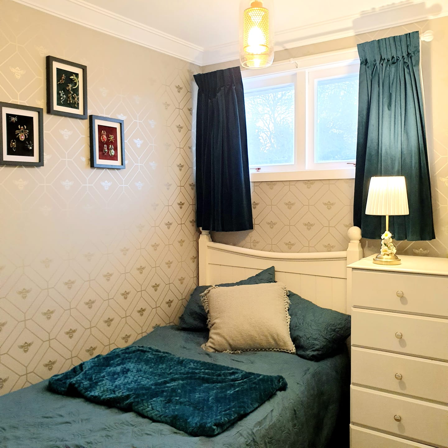 Customer photo review of Honeycomb Bee - Geometric Metallic Wallpaper - Sage Green
