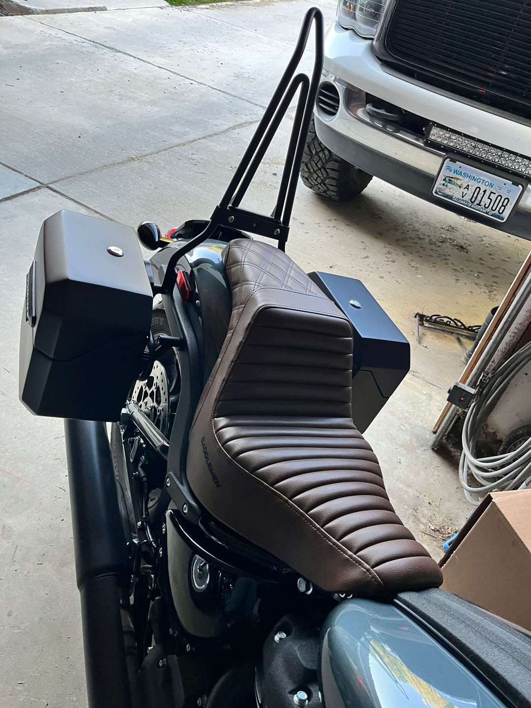Customer photo review of Iron Born Blade 25" Sissy Bar with Foldable Luggage Rack for Harley Softail Low Rider S FXLRS Matte Black