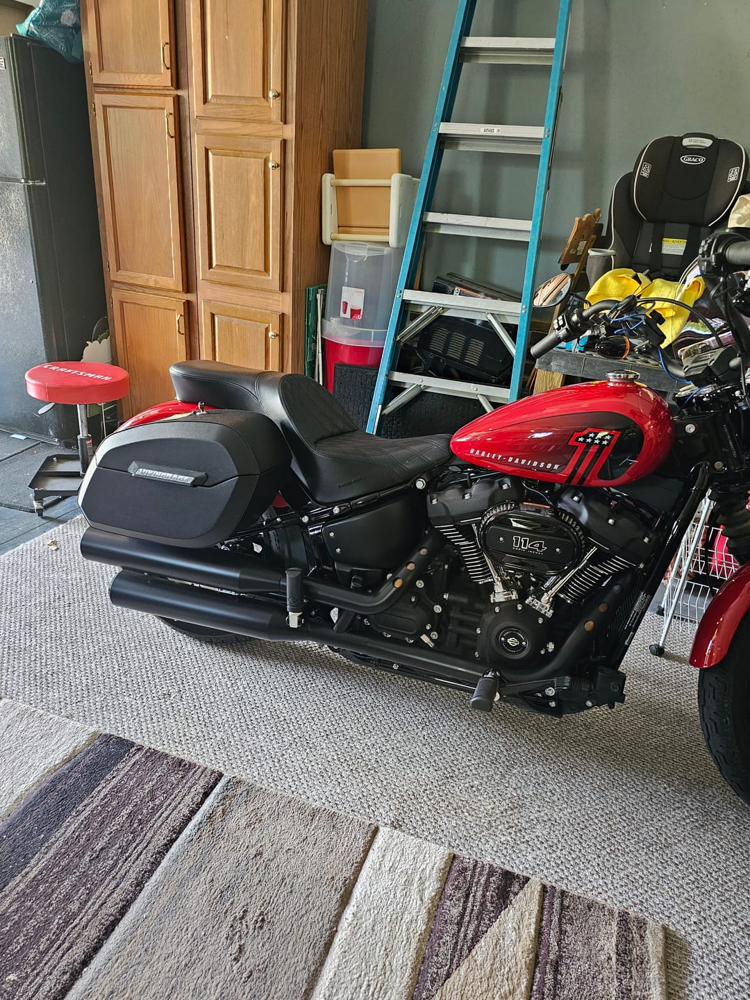 Customer photo review of 32L - Darkin Large Quick Mount Leather Wrapped Hard Saddlebags for Harley Softail Street Bob FXBB