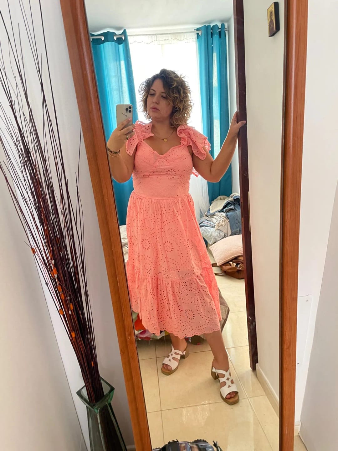 Customer photo review of Off Shoulder A-Line Midi Dress Solid Dot — White | KIMLUD