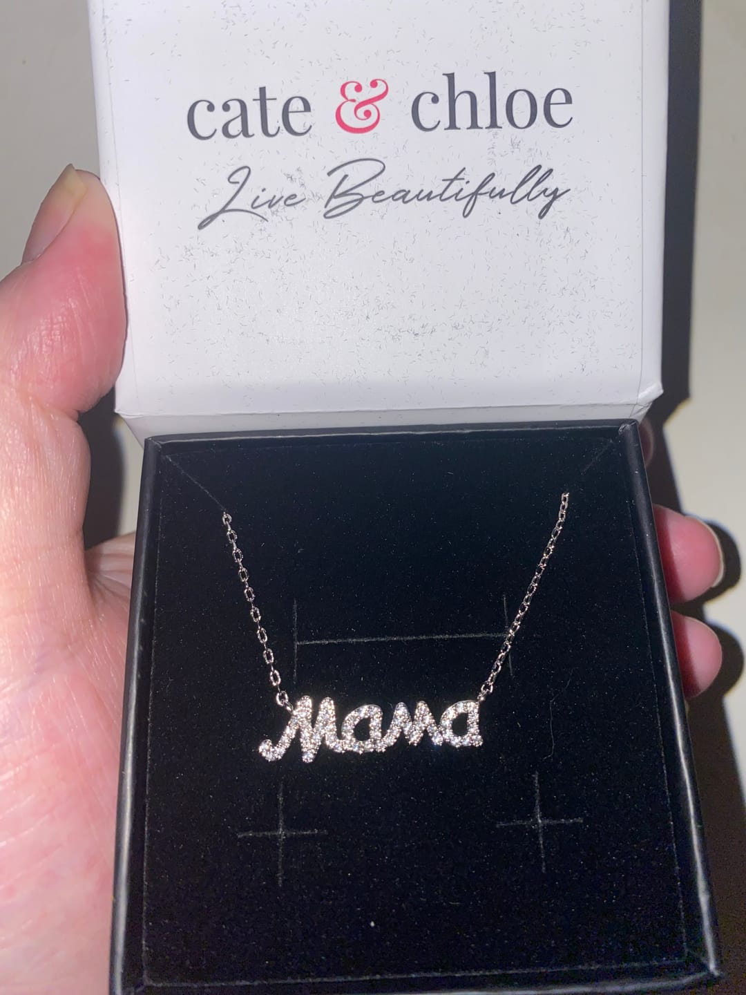 Customer photo review of Dorothy 18k White Gold Plated Mama Necklace with Swarovski Crystals