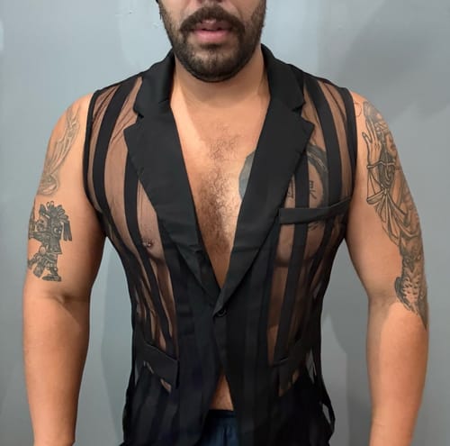 Customer photo review of Mens Striped Sheer Mesh Sleeveless Waistcoat SKUL04409