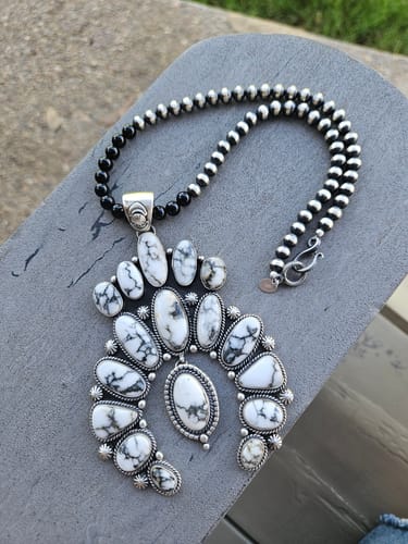 Customer photo review of Navajo Jumbo Pearl Sterling Silver Hand Made Dangle Earrings And Necklace Set