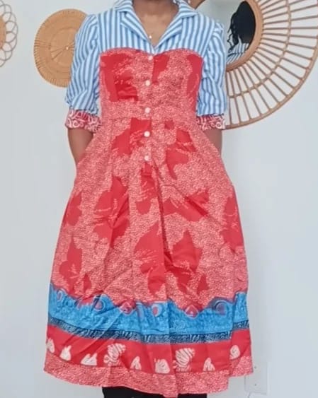 Customer photo review of Striped Floral Patchwork Shirt Dress Turn-Down Collar — Red | KIMLUD