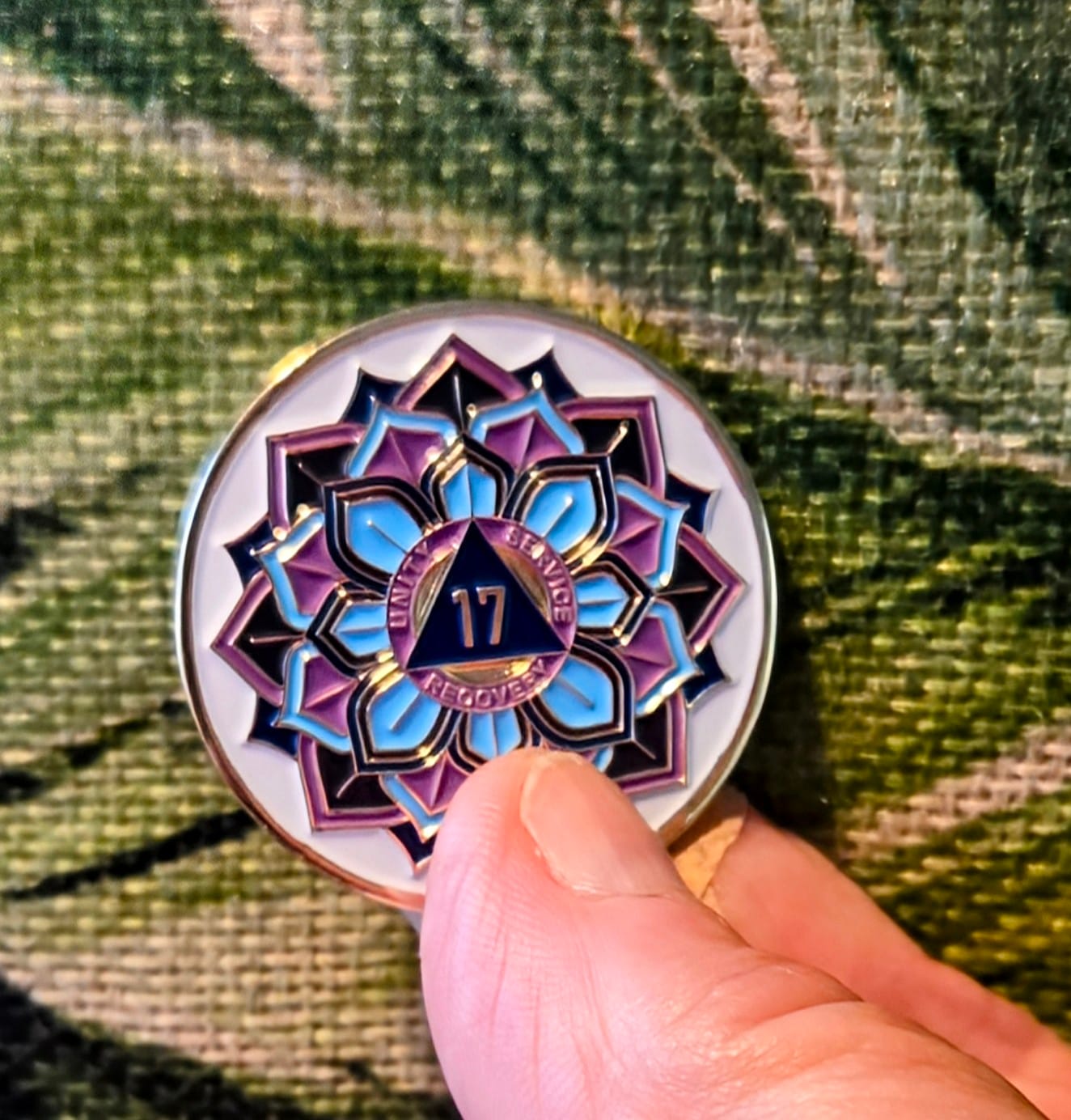 Customer photo review of 1 to 50 Year Sobriety Mint 'In Bloom' Lotus Flower Gold Plated AA Recovery Medallion/Chip/Coin - White