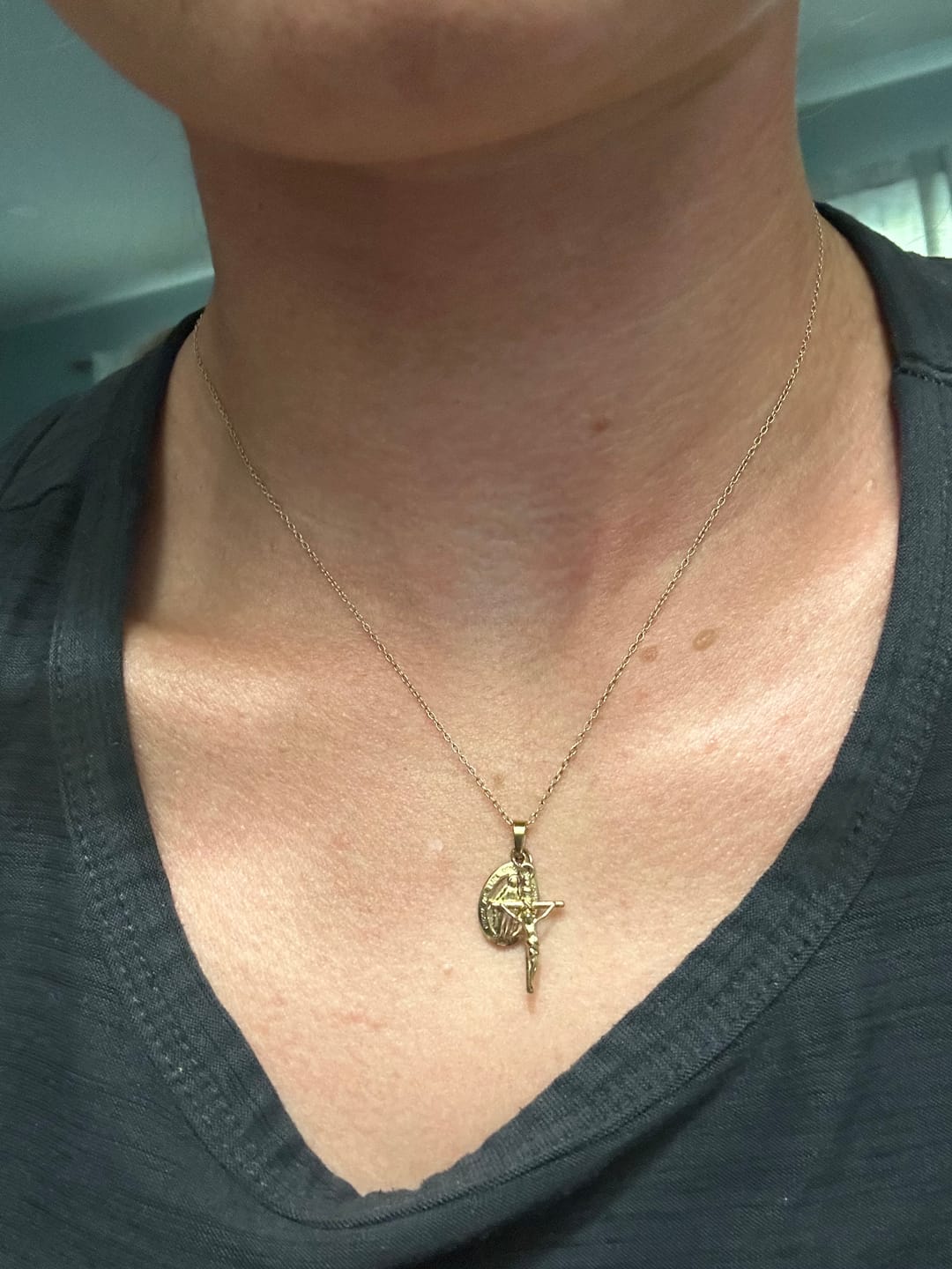 Customer photo review of Gold Dainty Crucifix and Miraculous Medal Necklace